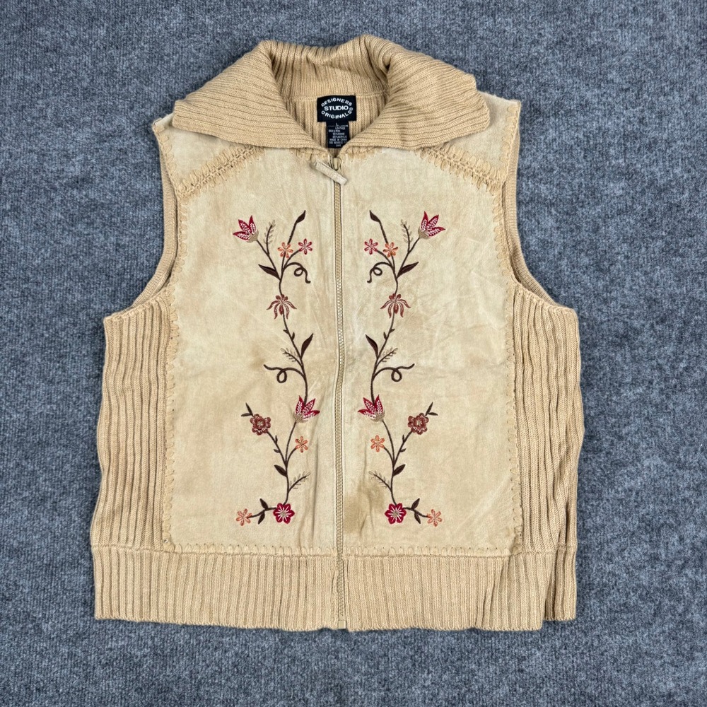 Designers Studio Originals Vest Womens Size L Tan Leather Floral Knit Zip Boho